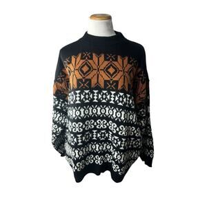 Vintage 70s American Pride Black Bronze‎ High Neck Sweater 22W Aztec Pattern